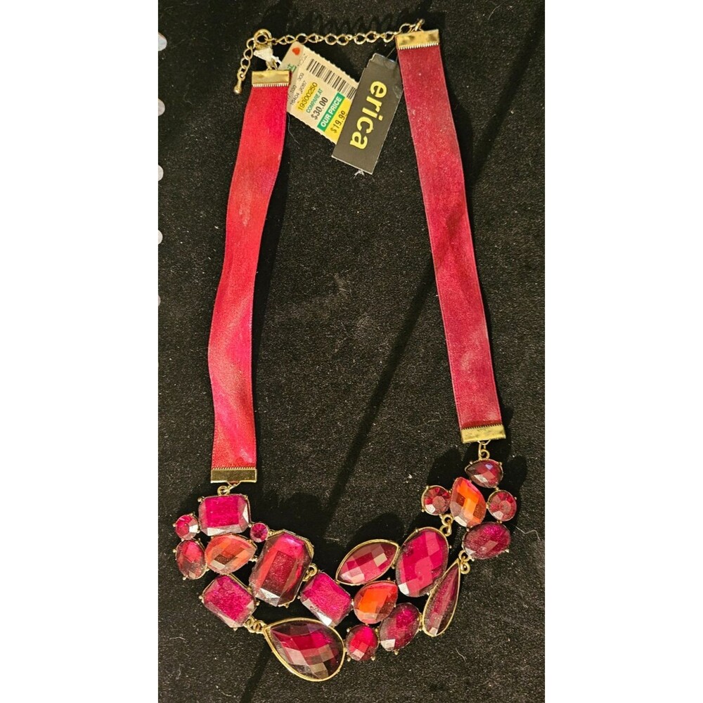 Statement Necklace - Choker Style - Art Deco - Red Bejeweled - Romantic, Whimsy